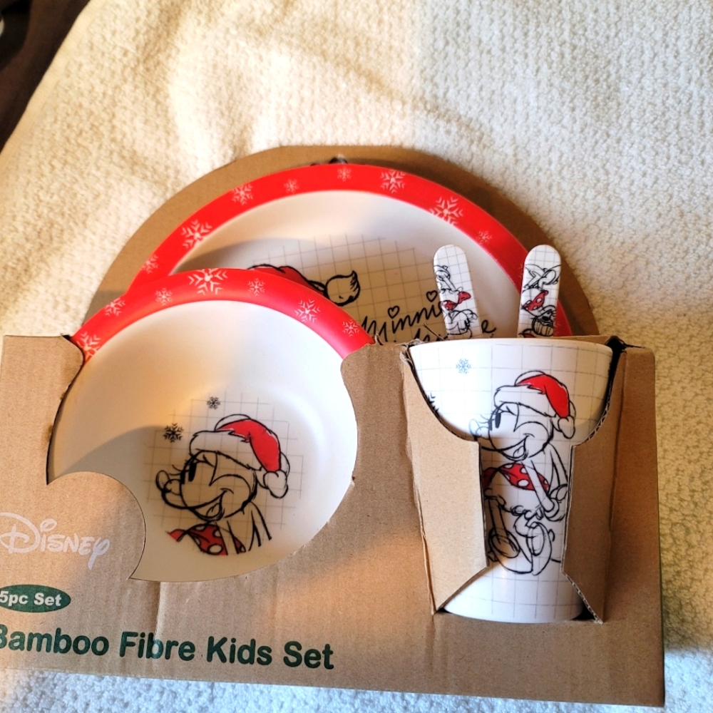 Disney Minnie Mouse Bamboo   5 piece dinnerware Holiday set   -New in Box